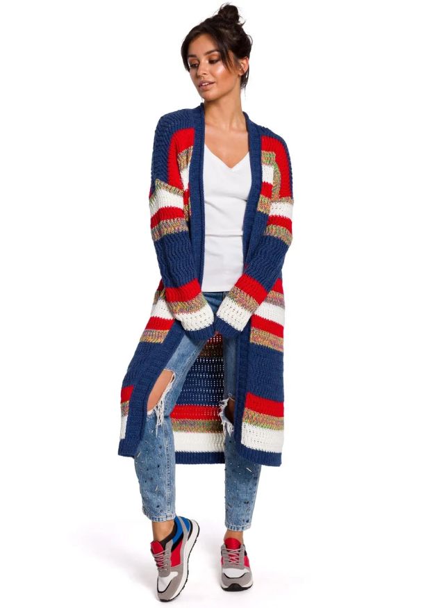 Sukienki.shop - Długi sweter w kolorowe pasy kardigan narzutka z modnym splotem. Okazja: na spacer, na co dzień. Materiał: dzianina, jeans, akryl, materiał. Długość rękawa: długi rękaw. Długość: długie. Wzór: kolorowy, ze splotem. Sezon: zima, jesień. Styl: casual, elegancki