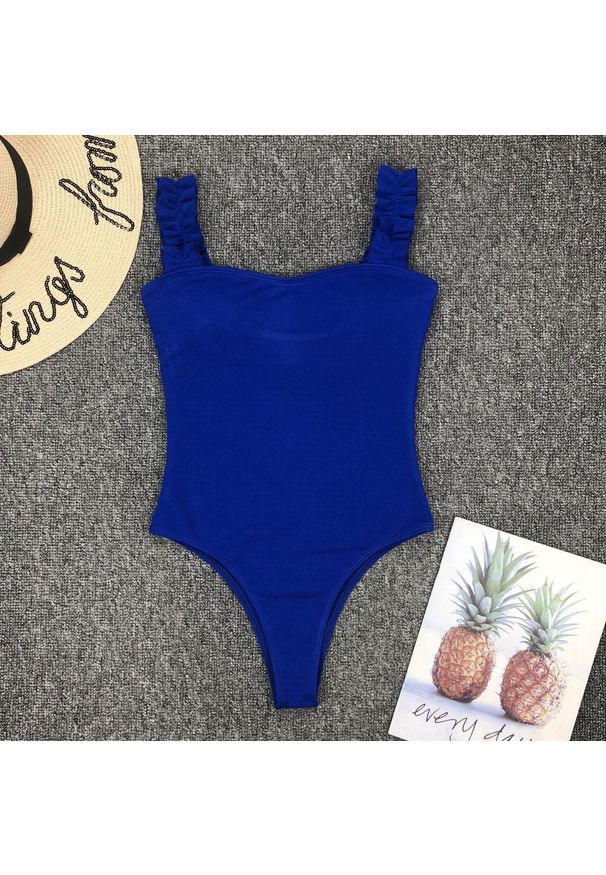 Intica - Strój kąpielowy z ozdobnymi ramiączkami na plażę i basen Berny. Kolor: niebieski. Materiał: materiał. Wzór: aplikacja