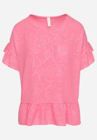 Born2be - Fuksjowa Bluzka o Kroju Oversize z Falbanami Livelle. Okazja: na co dzień. Kolor: różowy. Materiał: jeans. Długość rękawa: krótki rękaw. Długość: krótkie. Styl: casual #5