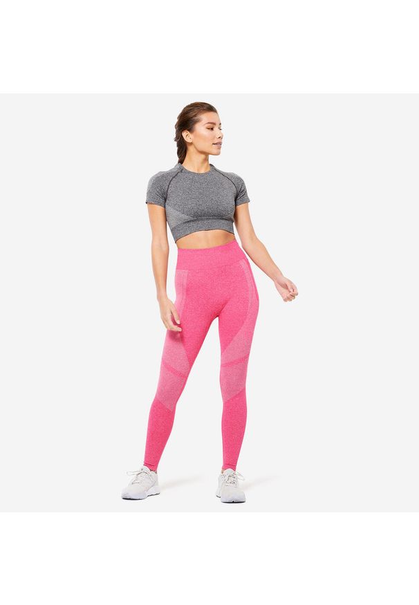 DOMYOS - Legginsy fitness damskie Domyos 900. Stan: podwyższony. Kolor: różowy. Materiał: poliamid, elastan, materiał, poliester. Sport: fitness