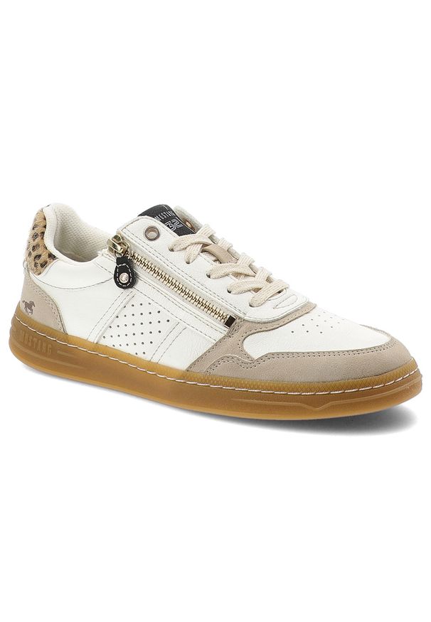 Sneakersy damskie Mustang, cholewka ze skóry ekologicznej perforowane panele boczny zamek sznurowanie elastyczna podeszwa zapewniająca komfort codzie. Okazja: na co dzień. Zapięcie: sznurówki. Kolor: biały. Materiał: skóra ekologiczna. Szerokość cholewki: normalna