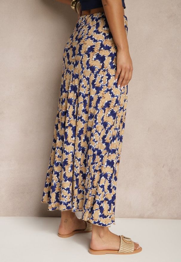 Renee - Granatowo-Beżowa Rozkloszowana Spódnica z Wiskozy High Waist Fevanice. Okazja: na co dzień. Stan: podwyższony. Kolor: niebieski. Materiał: wiskoza. Styl: elegancki, casual
