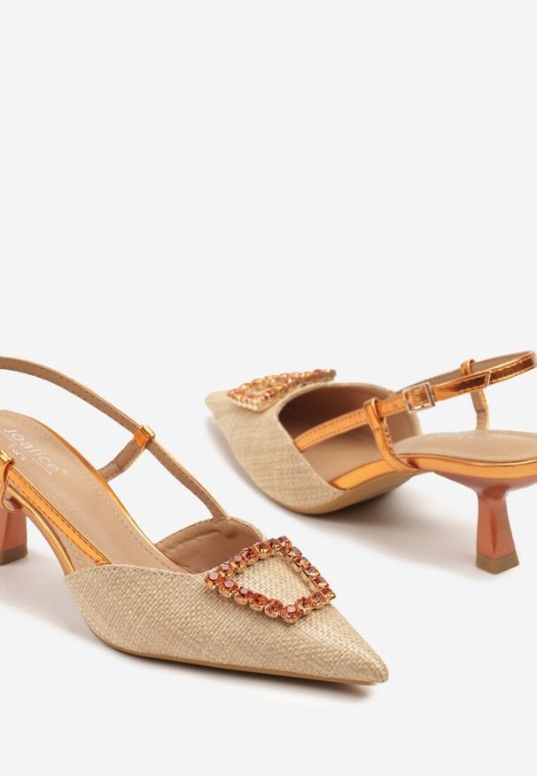 Renee - Pomarańczowe Sandały Slingback na Kaczuszce z Tweedowymi Wstawkami i Cyrkoniami Nalivna. Okazja: na co dzień, na spotkanie biznesowe. Kolor: pomarańczowy. Obcas: na szpilce. Styl: casual, elegancki, biznesowy. Wysokość obcasa: niski