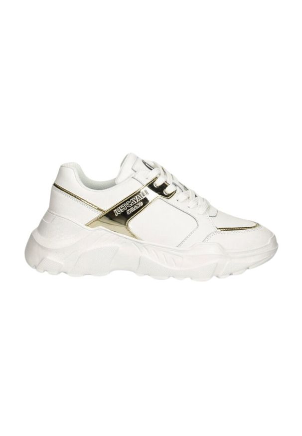 Just Cavalli - JUST CAVALLI Białe sneakersy ze złotym logo Fondo Casper. Kolor: czarny