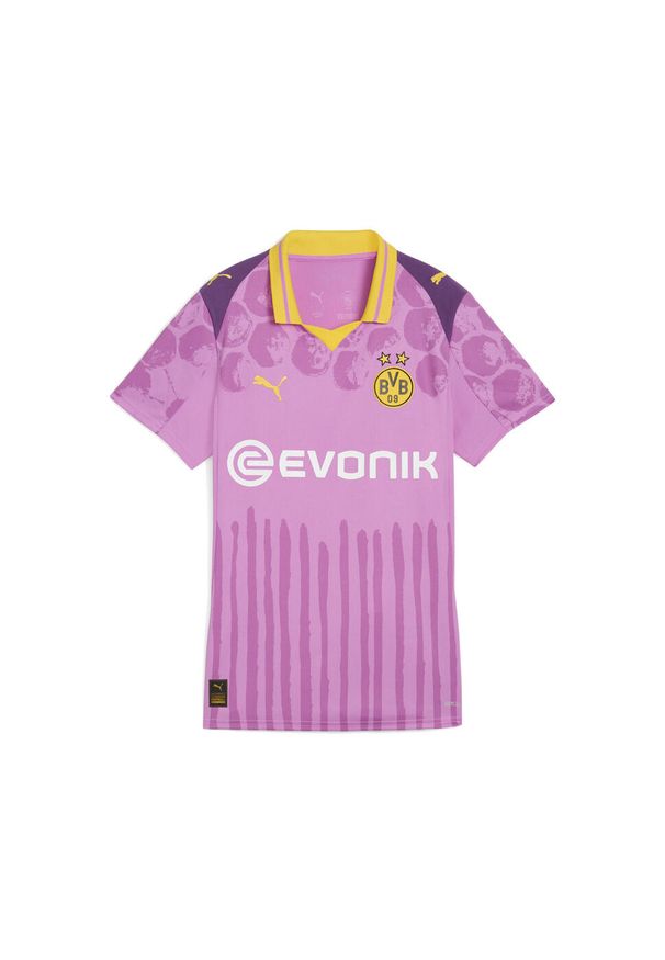Puma - Damska koszulka KIDSUPER × BORUSSIA DORTMUND PUMA Mauve Pop Faster Yellow Pink. Kolor: różowy. Wzór: geometria, kolorowy