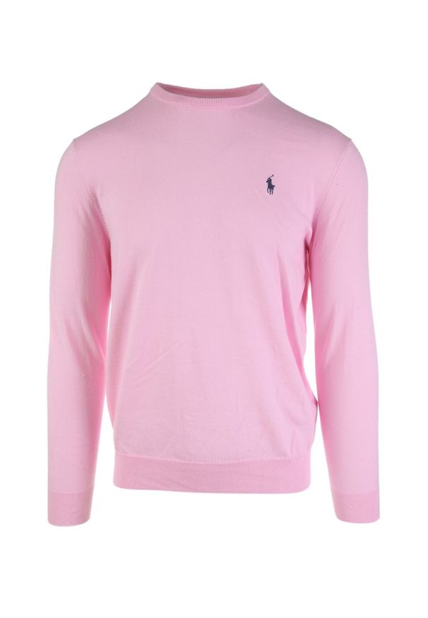 Ralph Lauren - RALPH LAUREN - Różowy sweter z bawełny z logo. Typ kołnierza: polo. Kolor: różowy, wielokolorowy, fioletowy. Materiał: bawełna. Długość: długie. Wzór: haft