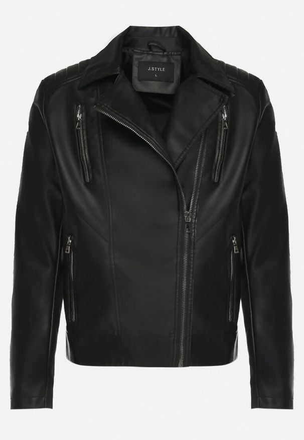 Born2be - Czarna Motocyklowa Kurtka Ramoneska z Imitacji Skóry z Zasuwanymi Kieszeniami Wrassa. Kolor: czarny. Materiał: skóra. Styl: elegancki