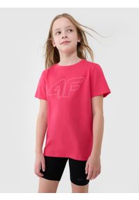 4f - 4F T-shirt regular z nadrukiem dziewczęcy - różowy 146 (10-11 lat). Okazja: na co dzień. Kolor: różowy. Materiał: dzianina, bawełna, jersey. Długość rękawa: krótki rękaw. Długość: krótkie. Wzór: nadruk. Sezon: lato. Styl: klasyczny, sportowy, casual