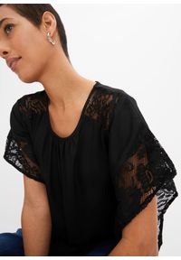 bonprix - Bluzka z aplikacjami. Kolor: czarny. Materiał: poliester, koronka. Wzór: aplikacja #2