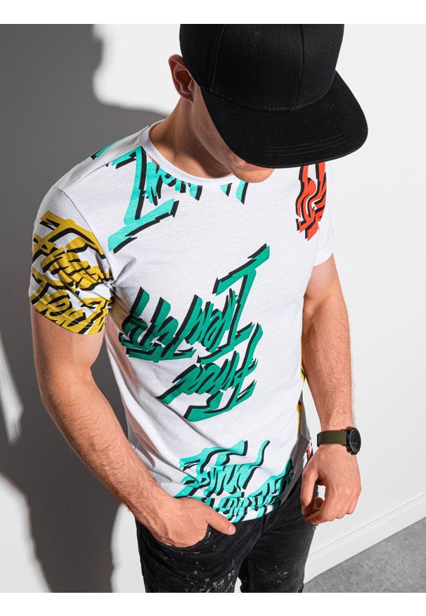 Ombre Clothing - T-shirt męski z nadrukiem S1413 - biały - XXL. Okazja: na co dzień. Kolor: biały. Materiał: jeans, bawełna, poliester. Długość: krótkie. Wzór: nadruk. Styl: casual