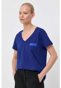Armani Exchange t-shirt bawełniany kolor niebieski. Kolor: niebieski. Materiał: bawełna. Długość rękawa: krótki rękaw. Długość: krótkie. Wzór: aplikacja #1