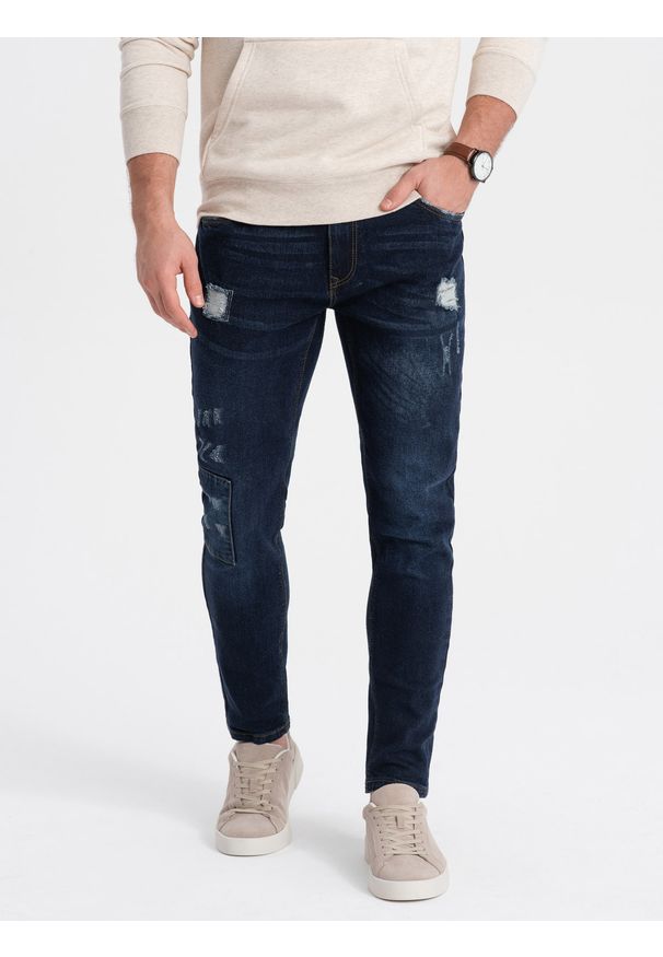 Ombre Clothing - Spodnie męskie jeansowe SKINNY FIT - ciemnoniebieskie. Kolor: niebieski. Materiał: jeans