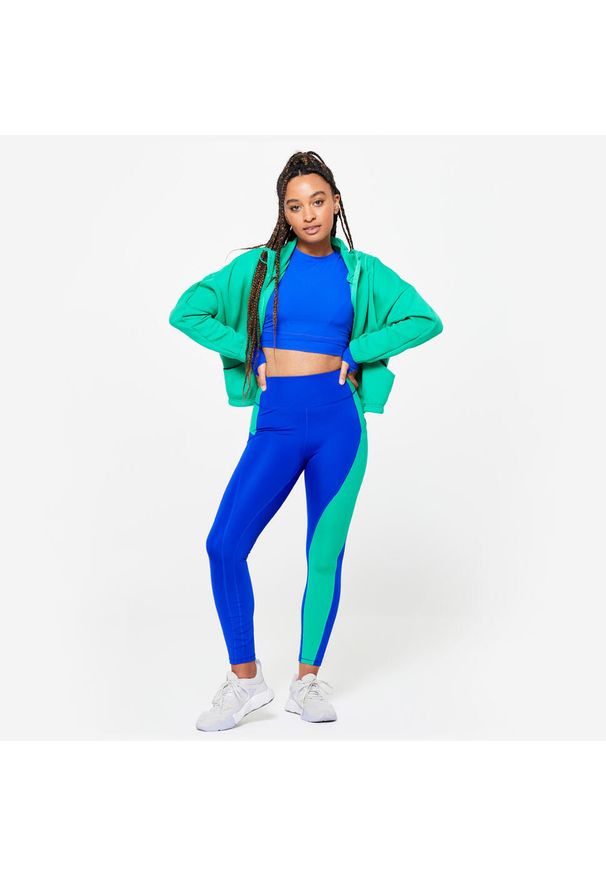 DOMYOS - Bluza z kapturem damska Domyos fitness. Typ kołnierza: kaptur. Kolor: zielony. Materiał: materiał, elastan, poliester, lyocell. Sport: fitness