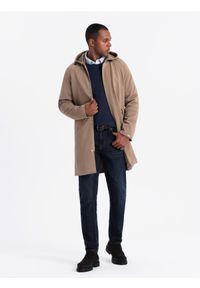 Ombre Clothing - Płaszcz męski z kapturem w delikatny prążek - kawowy V1 - Rozmiar: M. Okazja: na co dzień. Typ kołnierza: kaptur. Materiał: poliester, elastan, prążkowany, materiał. Długość rękawa: raglanowy rękaw. Wzór: prążki. Styl: wizytowy, casual, elegancki