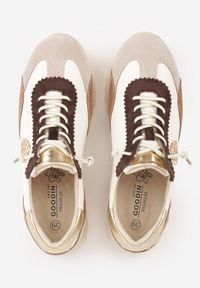 Renee - Beżowo-Złote Sneakersy ze Skóry Naturalnej Ozdobione Metaliczną Aplikacją Tidina. Zapięcie: sznurówki. Kolor: beżowy. Materiał: skóra. Wzór: aplikacja. Sezon: wiosna #4