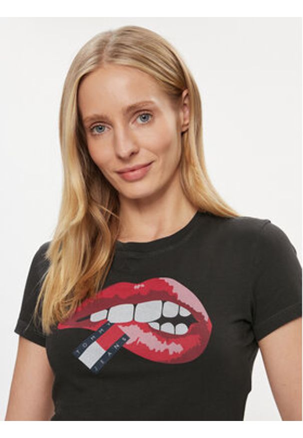 Tommy Jeans T-Shirt Lips DW0DW17373 Czarny Slim Fit. Kolor: czarny. Materiał: bawełna