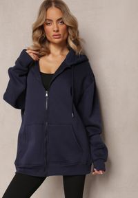 Renee - Granatowa Zasuwana Bluza z Kapturem Narmione. Okazja: na spacer. Typ kołnierza: kaptur. Kolor: niebieski. Materiał: jeans, polar. Styl: wizytowy