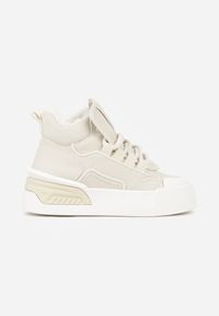 Renee - Beżowe Sneakersy z Ociepleniem na Platformie z Tłoczeniem Newedela. Okazja: na co dzień. Kolor: beżowy. Materiał: jeans. Obcas: na platformie #6