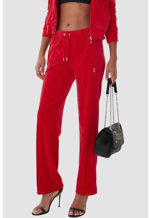 Juicy Couture - JUICY COUTURE Czerwone spodnie dresowe damskie z cyrkoniami Tina Outline, Rozmiar XS. Kolor: czerwony. Materiał: dresówka