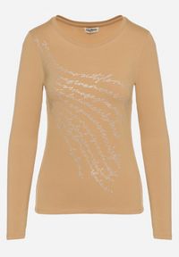 Born2be - Beżowa Bluzka z Bawełny Ozdobiona Cyrkoniowym Napisem Velutila. Okazja: na co dzień. Kolor: beżowy. Materiał: bawełna. Wzór: napisy, aplikacja. Styl: casual, elegancki #3