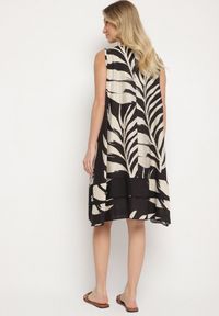 Born2be - Czarna Pudełkowa Sukienka z Wiskozą Lnem i Roślinnym Wzorem Rineluna. Okazja: na co dzień. Kolor: czarny. Materiał: wiskoza, len. Styl: casual, elegancki #5