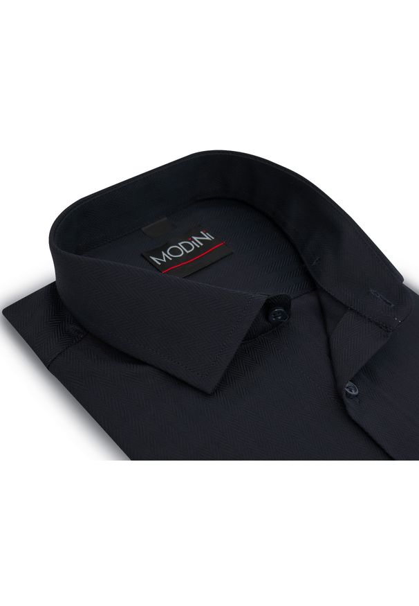 Modini - Granatowa koszula męska - strukturalna tkanina w jodełkę Y56. Kolor: niebieski. Materiał: tkanina. Wzór: jodełka