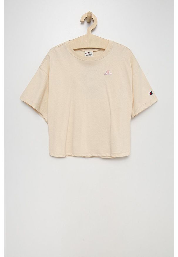 Champion t-shirt bawełniany dziecięcy kolor beżowy. Kolor: beżowy. Materiał: bawełna. Długość rękawa: krótki rękaw. Długość: krótkie. Wzór: aplikacja