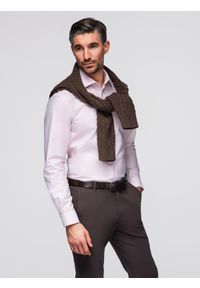 Ombre Clothing - Bawełniana pastelowa męska koszula typu oxford – jasnoróżowa V1 - Rozmiar: XL. Kolor: różowy. Materiał: bawełna. Wzór: aplikacja, ze splotem. Styl: klasyczny, elegancki