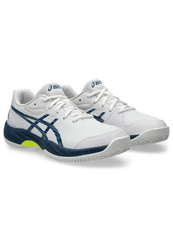 Buty do tenisa dla dzieci Asics Gel-game 9. Zapięcie: sznurówki. Kolor: niebieski, wielokolorowy, biały. Materiał: syntetyk, tkanina, materiał. Szerokość cholewki: normalna. Sport: tenis