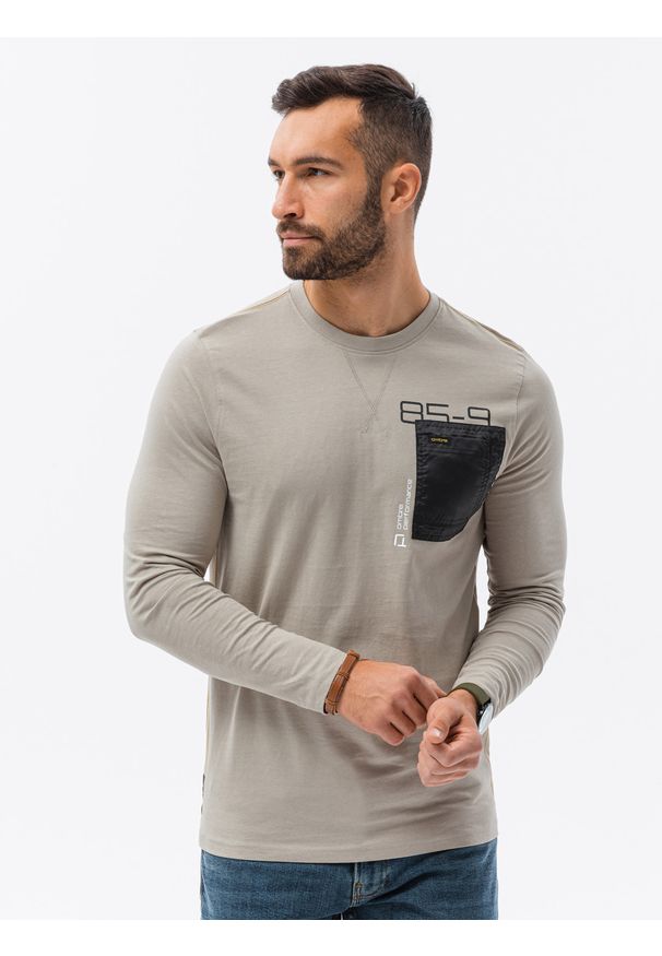 Ombre Clothing - Longsleeve męski z nadrukiem L130 - beżowy - XXL. Kolor: beżowy. Materiał: bawełna, tkanina. Długość rękawa: długi rękaw. Wzór: nadruk