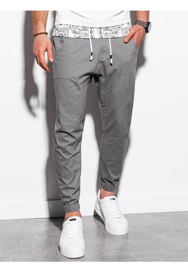 Ombre Clothing - Spodnie męskie joggery - szare V2 P885 - XXL. Kolor: szary. Materiał: bawełna, elastan. Styl: klasyczny