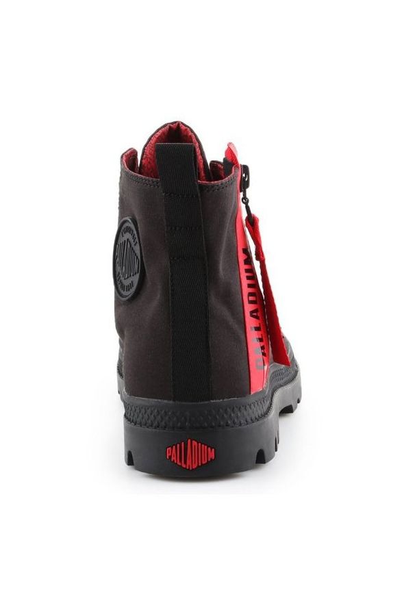 Buty Palladium Pampa Unzipped W 76443-008-M czarne czerwone. Zapięcie: zamek. Kolor: czarny, wielokolorowy, czerwony. Materiał: syntetyk, guma, materiał. Szerokość cholewki: normalna. Wzór: aplikacja