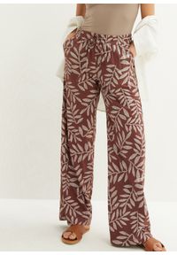 bonprix - Spodnie palazzo z nadrukiem. Kolor: brązowy. Wzór: nadruk. Styl: elegancki