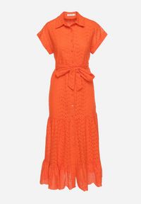 Born2be - Pomarańczowa Sukienka Bawełniana z Ażurowym Wzorem i Wiązanym Paskiem Kelilena. Okazja: na co dzień. Kolor: pomarańczowy. Materiał: bawełna. Długość rękawa: krótki rękaw. Wzór: ażurowy. Typ sukienki: rozkloszowane. Styl: retro, casual, elegancki #6