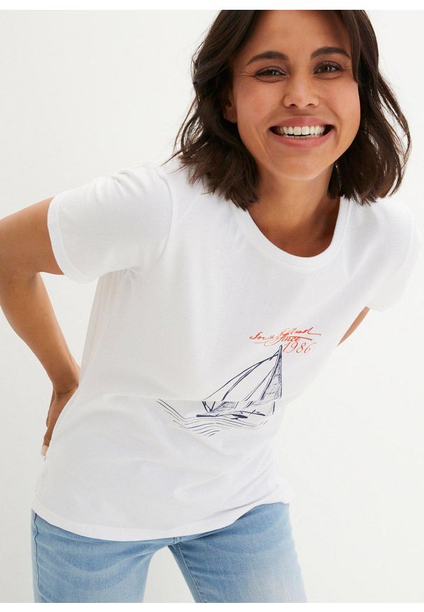 bonprix - T-shirt bawełniany z rozcięciem z boku i nadrukiem. Kolor: biały. Materiał: bawełna. Długość: długie. Wzór: nadruk