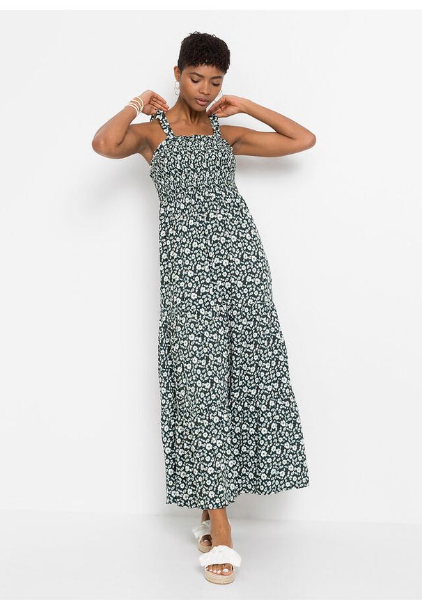 bonprix - Długa sukienka z przeszyciem cienkimi gumkami. Kolor: niebieski. Wzór: kwiaty. Długość: maxi