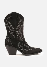 Born2be - Czarne Botki Typu Kowbojki na Obcasie Ozdobione Cyrkoniami Rilionea. Okazja: na imprezę, na co dzień. Kolor: czarny. Materiał: jeans. Wzór: aplikacja. Obcas: na obcasie. Styl: casual. Wysokość obcasa: średni
