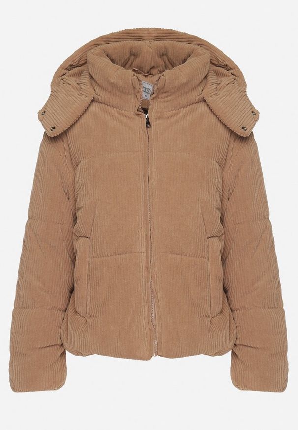 Born2be - Brązowa Sztruksowa Kurtka Puchowa z Odpinanym Kapturem Sinitha. Okazja: na co dzień. Kolor: brązowy. Materiał: sztruks, puch. Styl: elegancki, casual