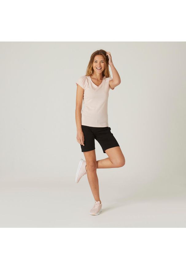 DOMYOS - Spodenki fitness damskie Domyos 500. Kolor: czarny. Materiał: bawełna, materiał, elastan. Długość: długie. Sport: fitness