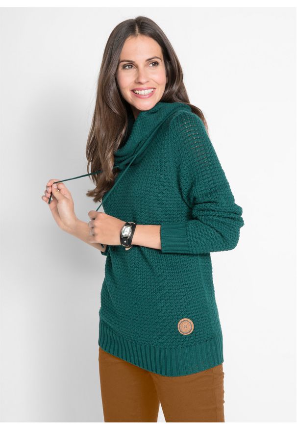bonprix - Sweter z golfem z troczkami. Typ kołnierza: golf. Kolor: zielony. Materiał: skóra. Wzór: aplikacja