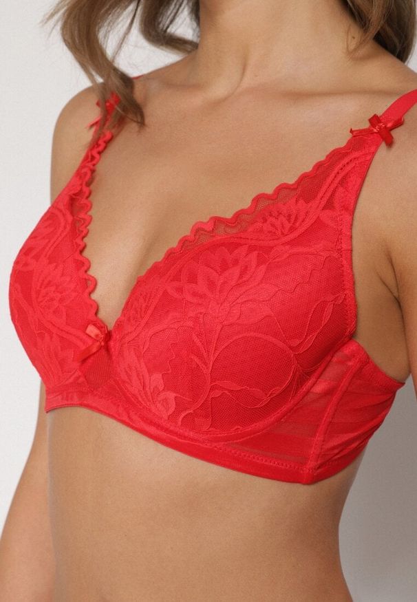 Born2be - Czerwony Biustonosz Koronkowy z Kokardkami Themikaia. Kolor: czerwony. Materiał: koronka