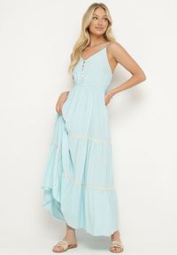 Born2be - Jasnoniebieska Sukienka na Ramiączkach z Gumką w Pasie Zapinana na Guziki z Falbanką i Haftem Tiamavita. Kolor: niebieski. Długość rękawa: na ramiączkach. Wzór: haft. Sezon: lato #1