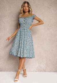 Renee - Niebieska Taliowana Sukienka Bawełniana o Rozkloszowanym Kroju z Gumką w Pasie Nelyssa. Okazja: na co dzień. Kolor: niebieski. Materiał: bawełna. Styl: casual #3