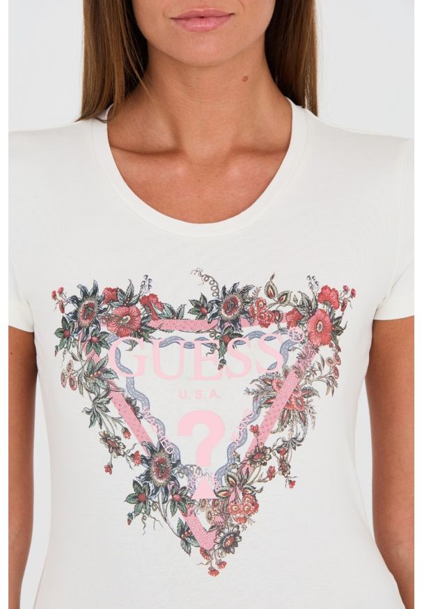 Guess - GUESS Biały damski t-shirt bawełniany z logo, Rozmiar XS. Kolor: biały. Materiał: bawełna. Wzór: nadruk