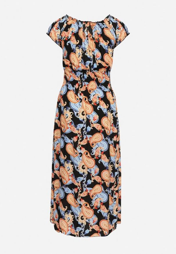 Born2be - Czarno-Niebiesksa Bawełniana Sukienka z Gumką w Pasie Zilletta. Okazja: na randkę, na co dzień. Kolor: czarny. Materiał: bawełna. Styl: casual, klasyczny