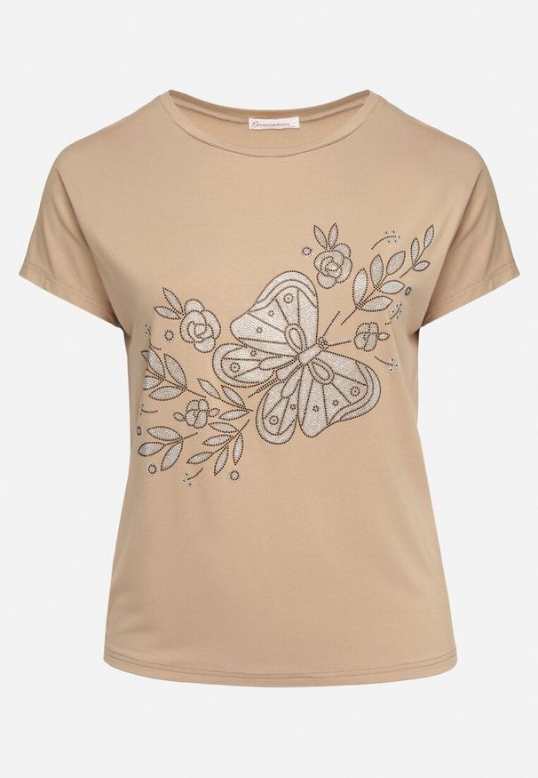 Born2be - Beżowy Klasyczny Bawełniany T-shirt z Nadrukiem Wiloa. Kolor: beżowy. Materiał: bawełna. Wzór: nadruk. Styl: klasyczny