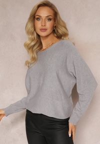 Renee - Szary Sweter Dzianinowy z Rękawem Nietoperz Almina. Kolor: szary. Materiał: dzianina. Długość rękawa: długi rękaw. Długość: długie. Wzór: gładki #1
