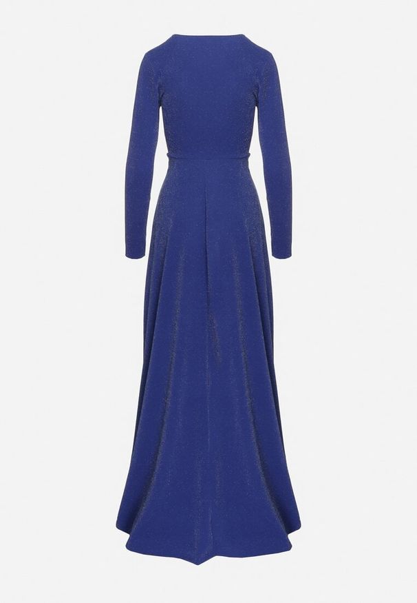 Born2be - Granatowa Rozkloszowana Sukienka z Dekoltem w Serek i Rozcięciem Zdobiona Metaliczną Nicią Emilandra. Typ kołnierza: dekolt w serek. Kolor: niebieski. Materiał: zamsz, materiał. Długość rękawa: długi rękaw. Wzór: aplikacja. Typ sukienki: kopertowe, rozkloszowane. Styl: wizytowy, klasyczny, elegancki