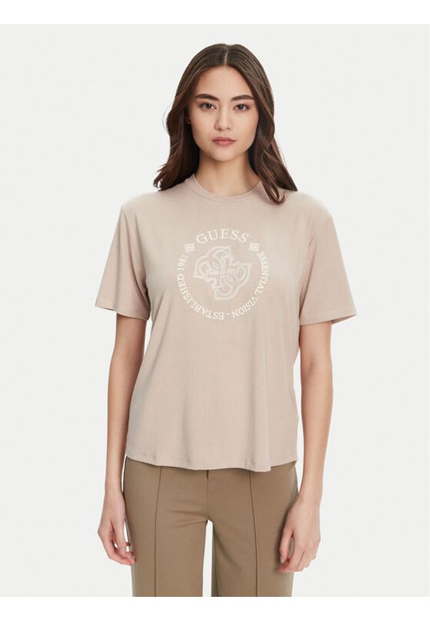 Guess T-Shirt V5YI05 KCOA2 Beżowy Regular Fit. Kolor: beżowy. Materiał: wiskoza