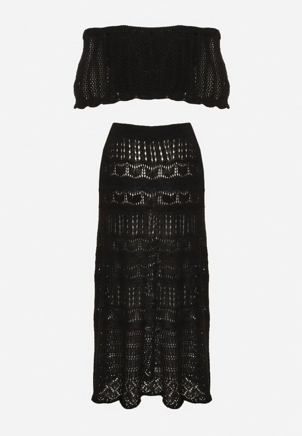 Born2be - Czarny Haftowany Komplet z Bawełną Top Typu Hiszpanka i Spódnica Folidra. Kolor: czarny. Materiał: bawełna. Wzór: haft